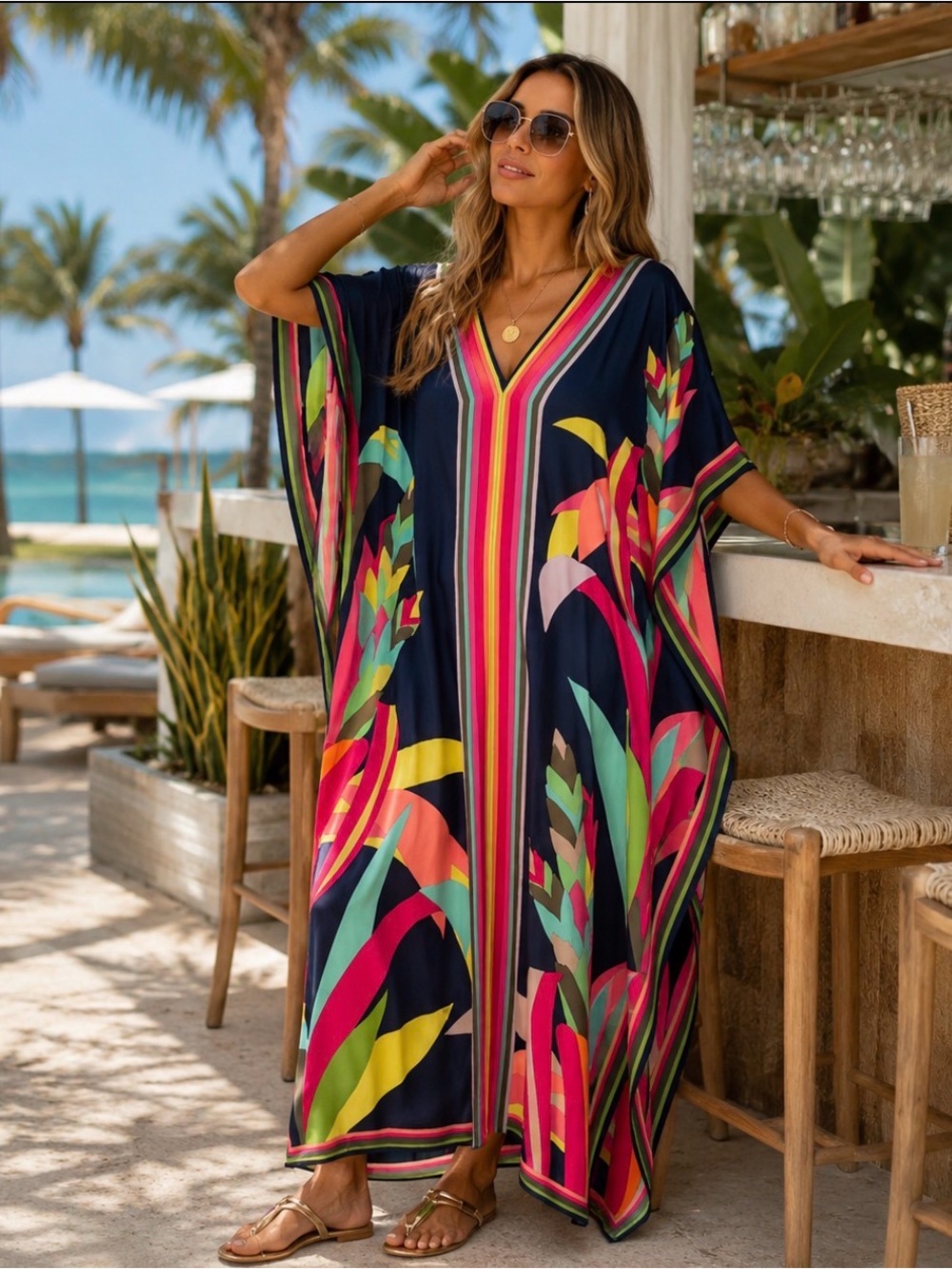 🏆 Trina Turk Style Tropical Caftan Kaftan Maxi Dress | Beach Cover Up | OS